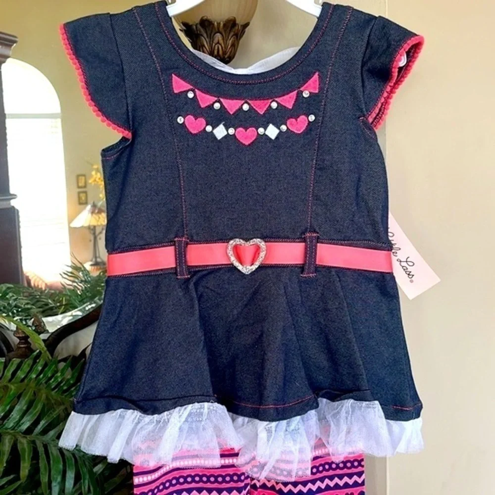 Brand New Little Lass 2-Piece Set Western Cowgirl Heart Ruffle Striped Leggings